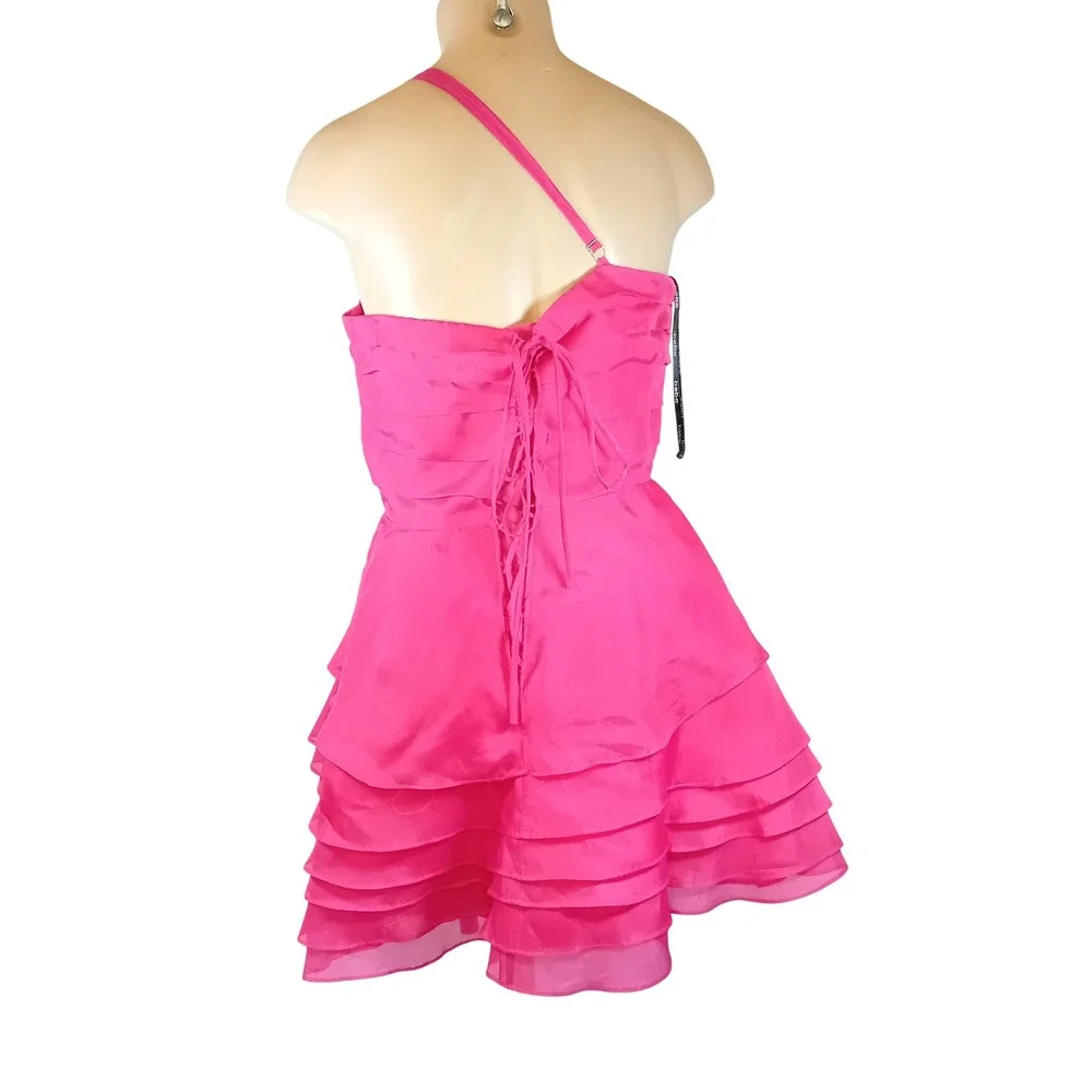 Vintage Y2K Bebe 100% Silk Mini Dress Hot Pink Ruffle One Shoulder Corset Back M - Picture 5 of 16